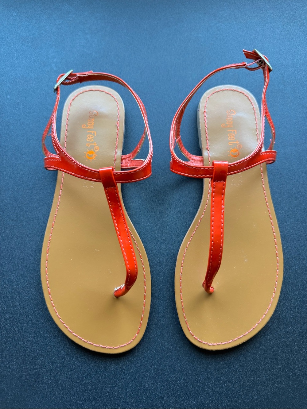 Women's Red Patent T-Strap Sandals with Ankle Buckle